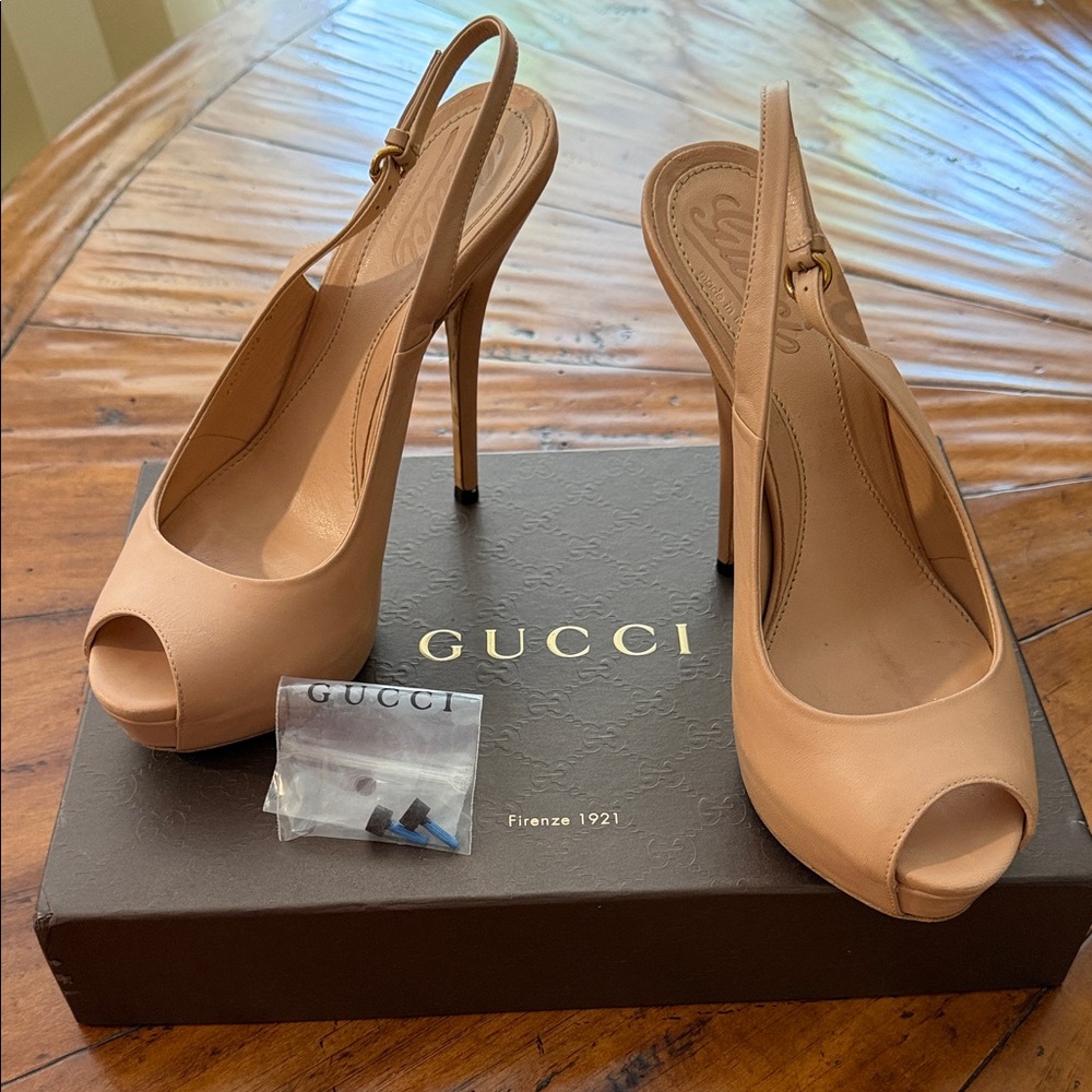 Gucci Beige Peep-Toe Slingback High Heels